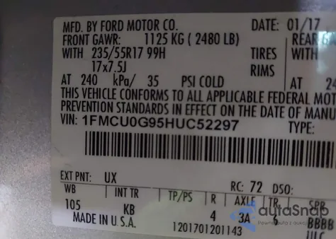 2017 Ford Escape Se from USA, damaged, VIN 1FMCU0G95HUC52297